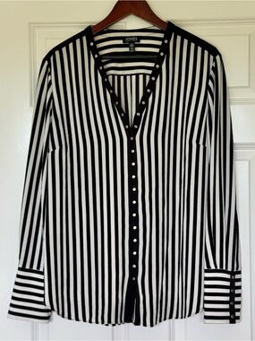 Jones New York Black and White Vertical Stripe Button-Front Top